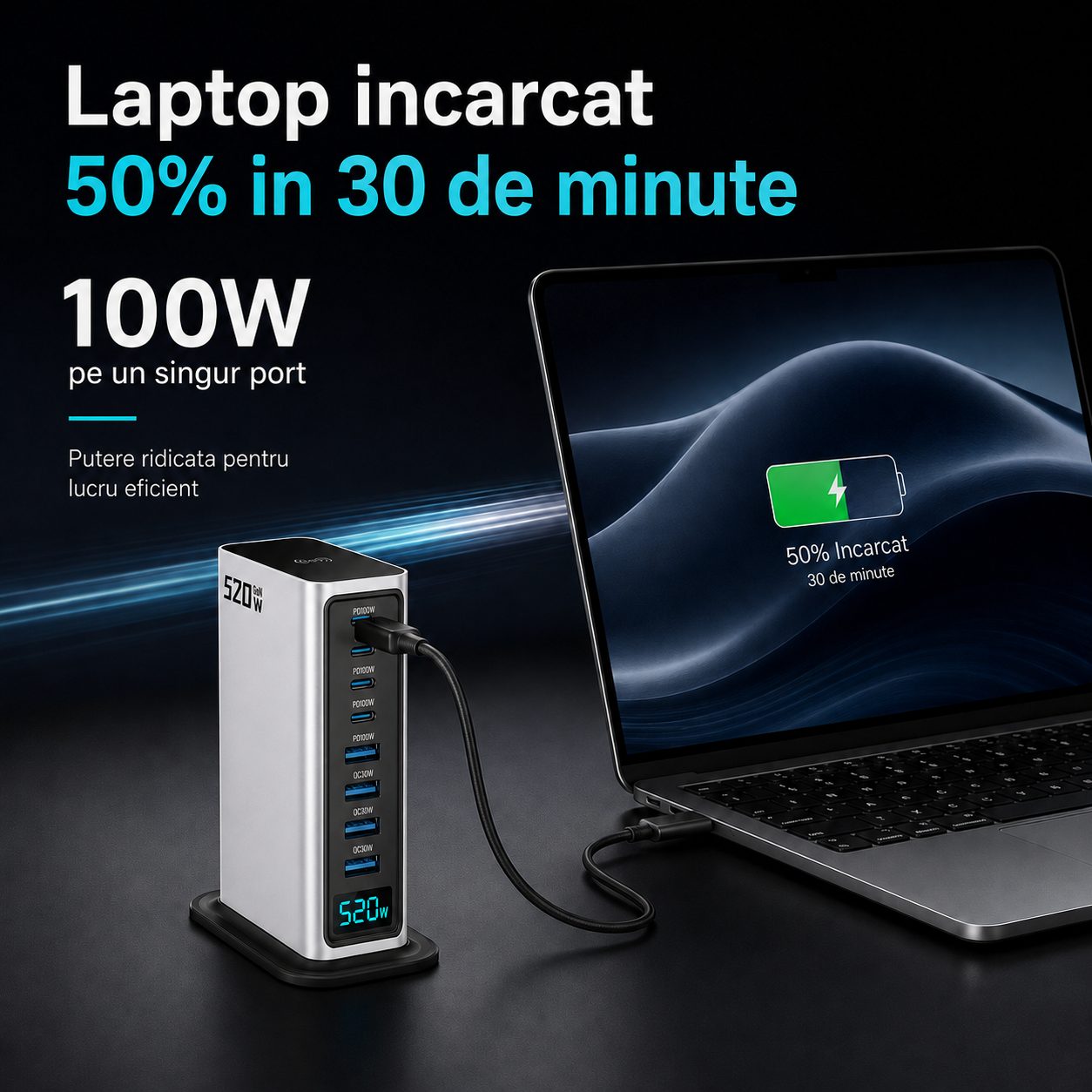 Statie de Incarcare 520W, , Multifunctionala, Fast Charge, Compatibila Apple si Dispozitive USB, Argintiu 4