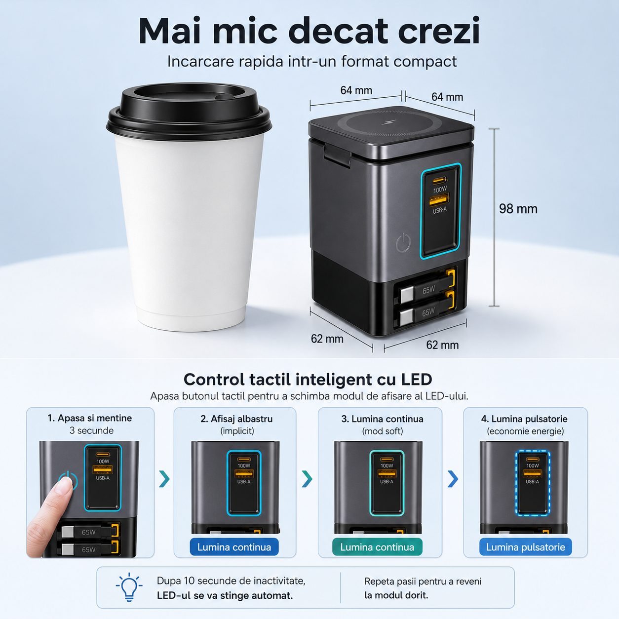 Statie de Incarcare Desktop, , 105W, GaN, Incarcare Wireless Magnetica, Cablu Retractabil USB-C si Lightning, 98x62 mm, Negru 3