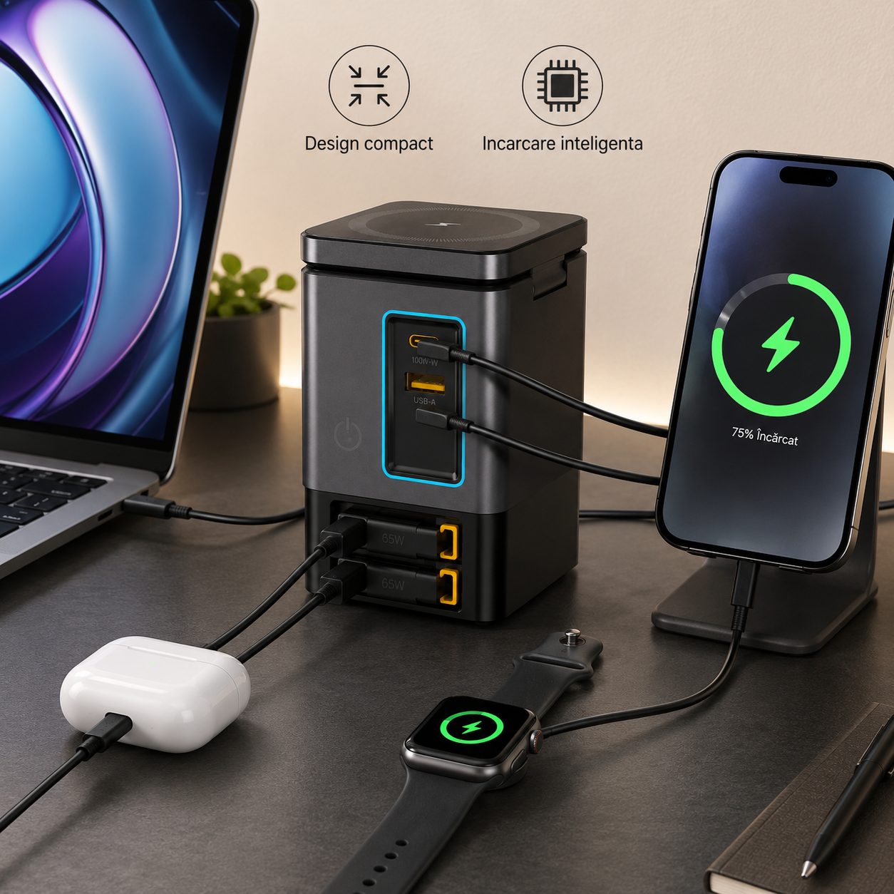 Statie de Incarcare Desktop, , 105W, GaN, Incarcare Wireless Magnetica, Cablu Retractabil USB-C si Lightning, 98x62 mm, Negru 4