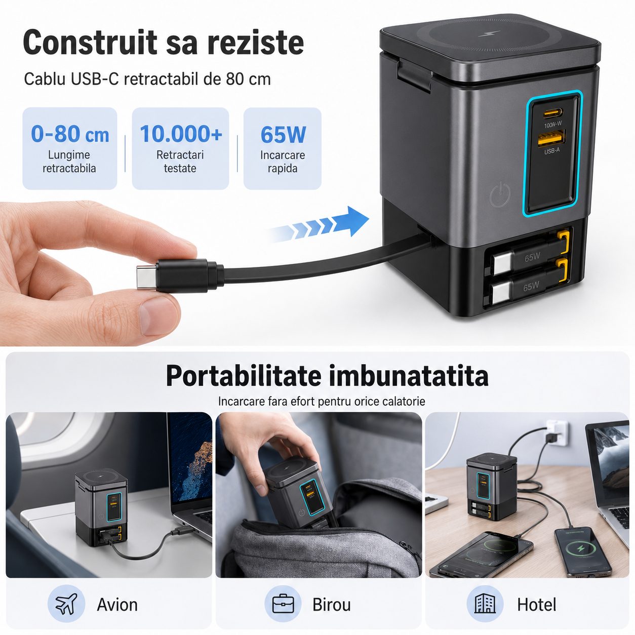 Statie de Incarcare Desktop, , 105W, GaN, Incarcare Wireless Magnetica, Cablu Retractabil USB-C si Lightning, 98x62 mm, Negru 5