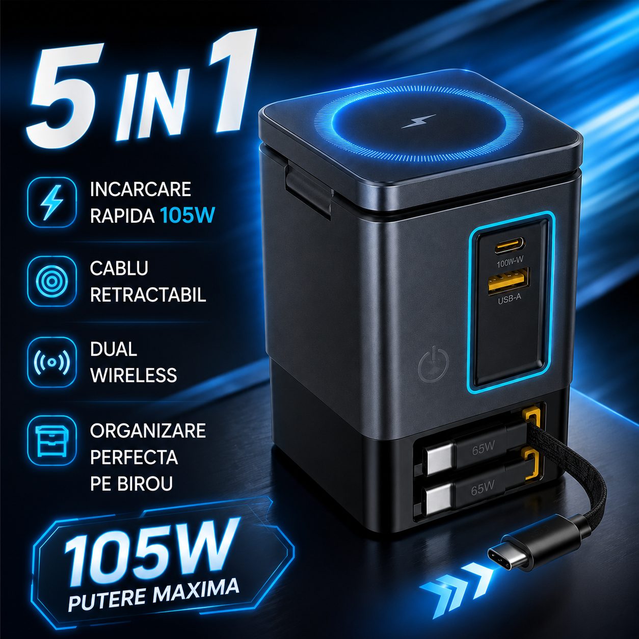 Statie de Incarcare Desktop, , 105W, GaN, Incarcare Wireless Magnetica, Cablu Retractabil USB-C si Lightning, 98x62 mm, Negru 2