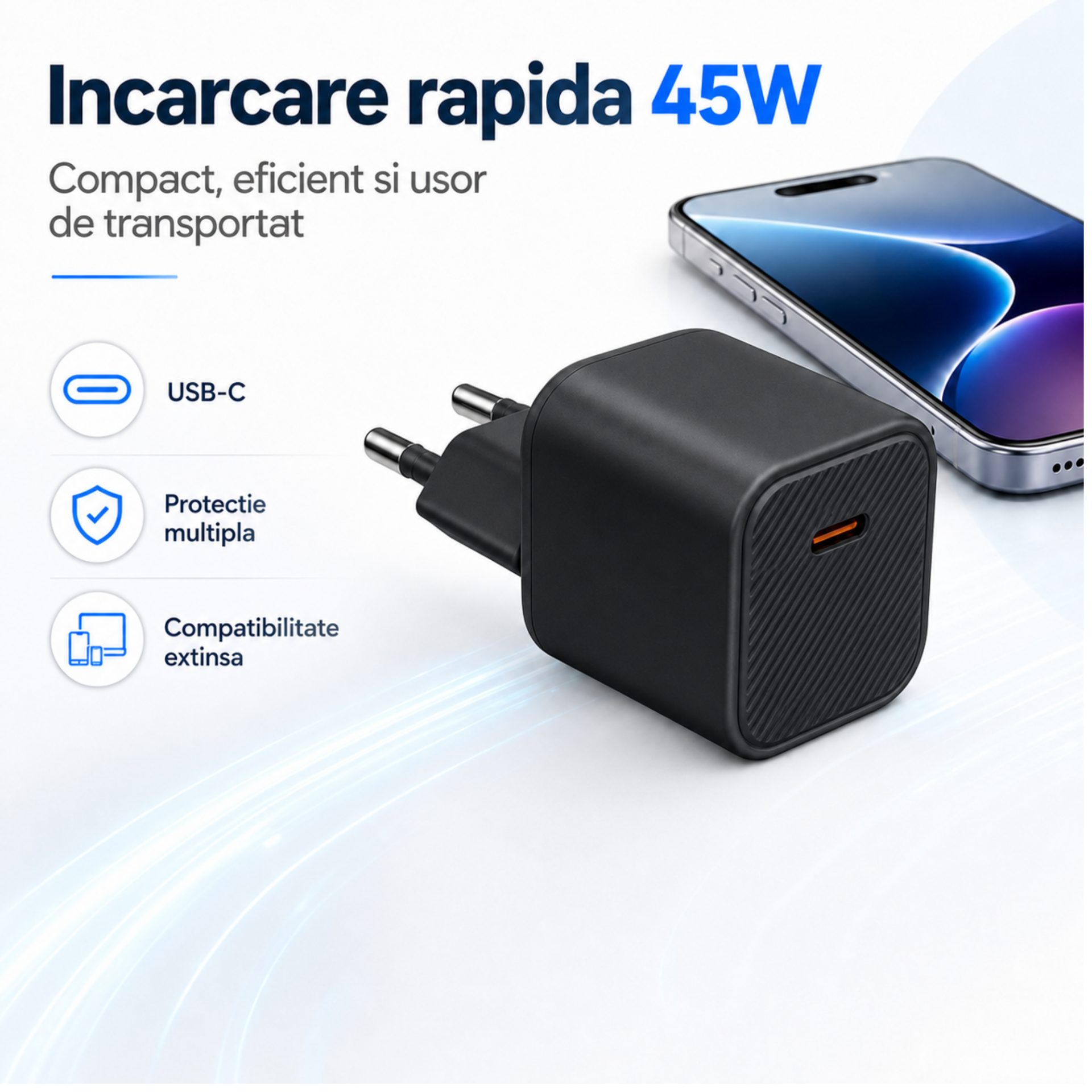 Incarcator USB-C 45W, , Compatibil iPhone 17, Fast Charge, Format Patrat Compact, Standard European, 68.5x36 mm Alb 4