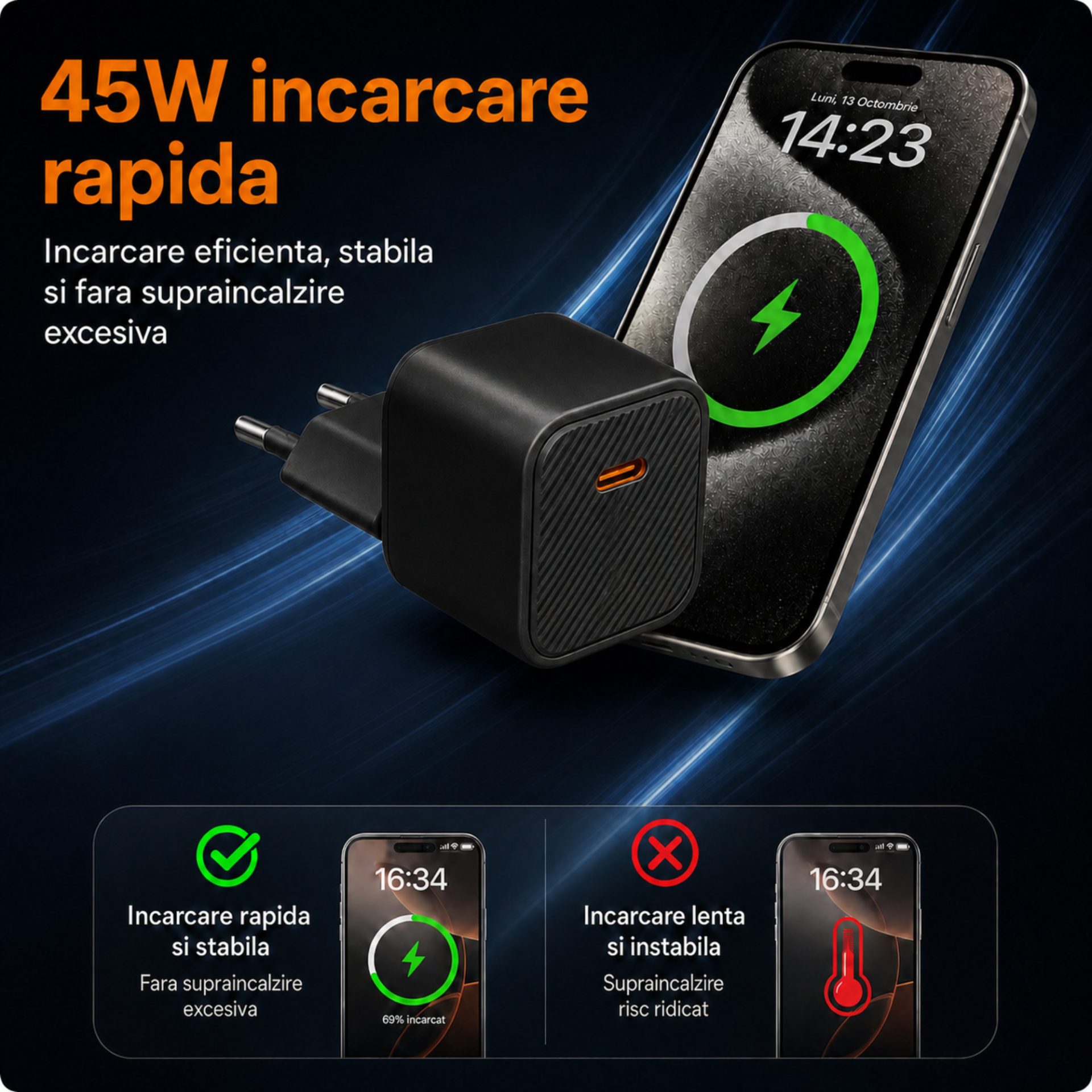 Incarcator USB-C 45W, , Compatibil iPhone 17, Fast Charge, Format Patrat Compact, Standard European, 68.5x36 mm Alb 2