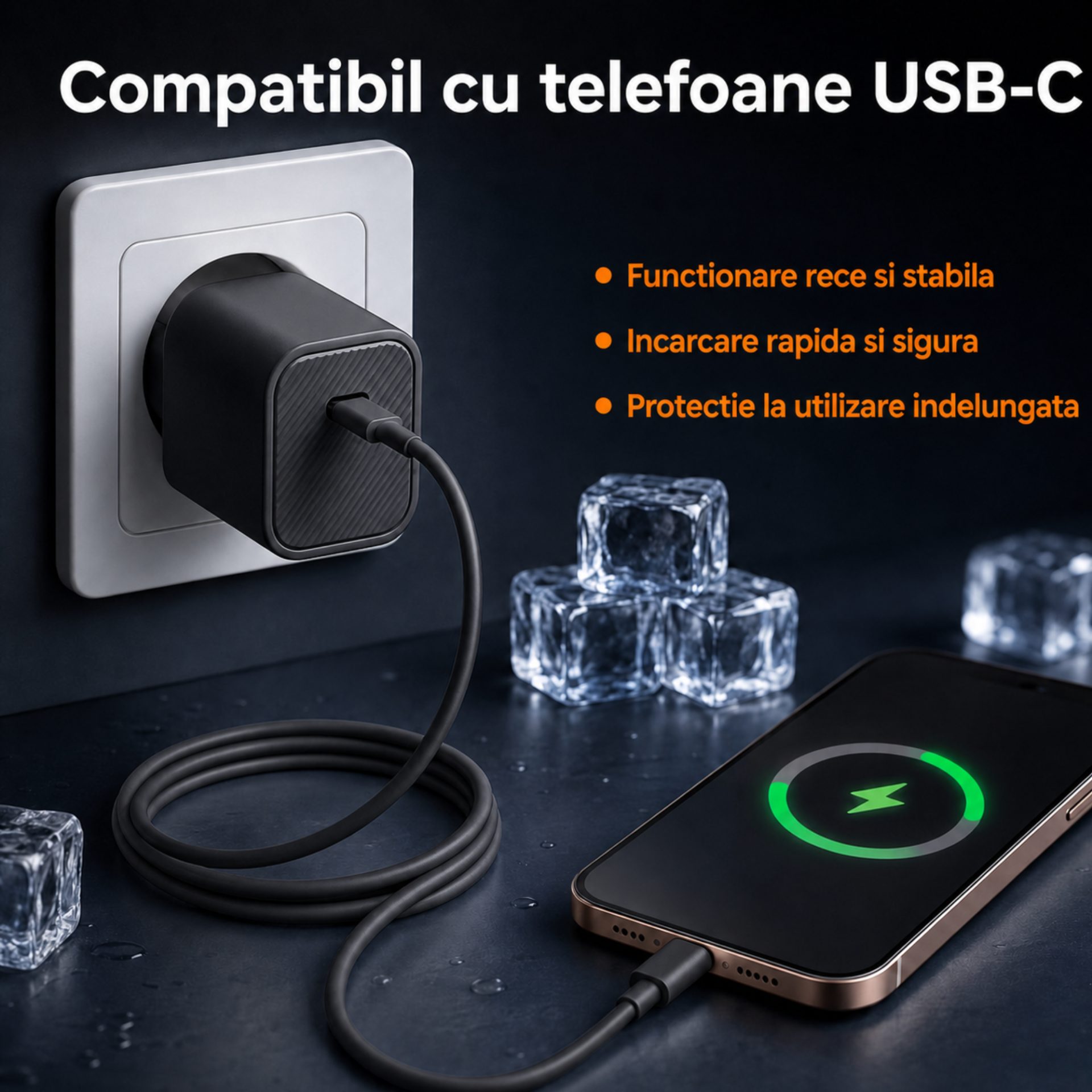 Incarcator USB-C 45W, , Compatibil iPhone 17, Fast Charge, Format Patrat Compact, Standard European, 68.5x36 mm Alb 5