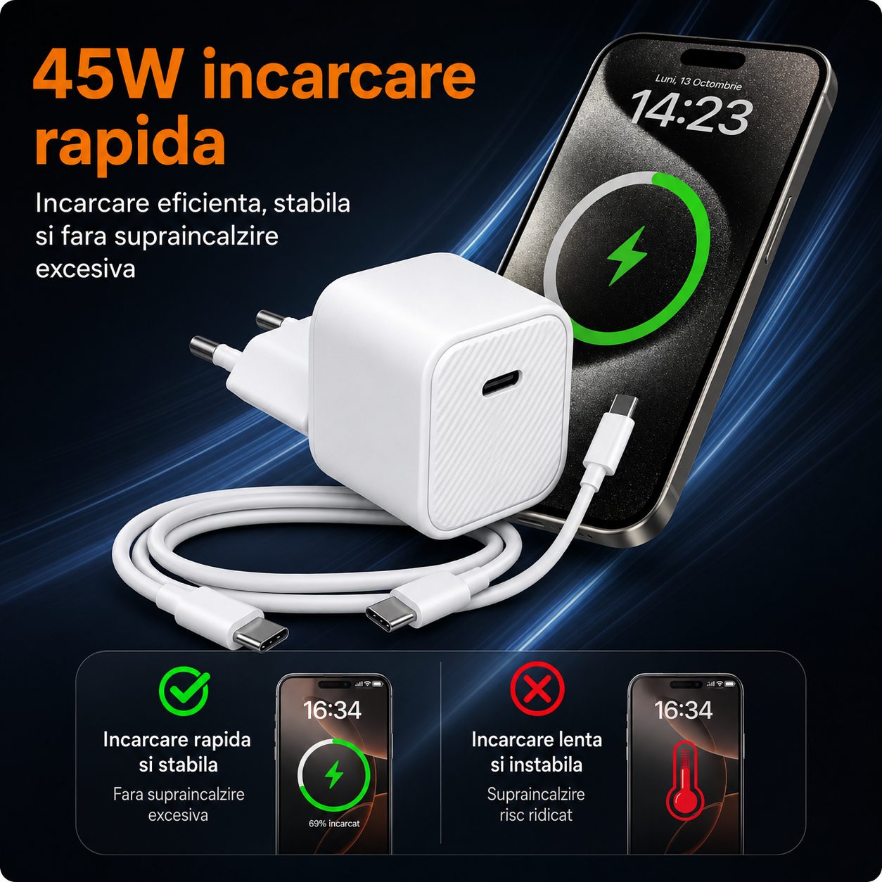 Incarcator USB-C 45W, Flippy, Compatibil iPhone 17, Fast Charge, Format Patrat Compact, Standard European, Alb