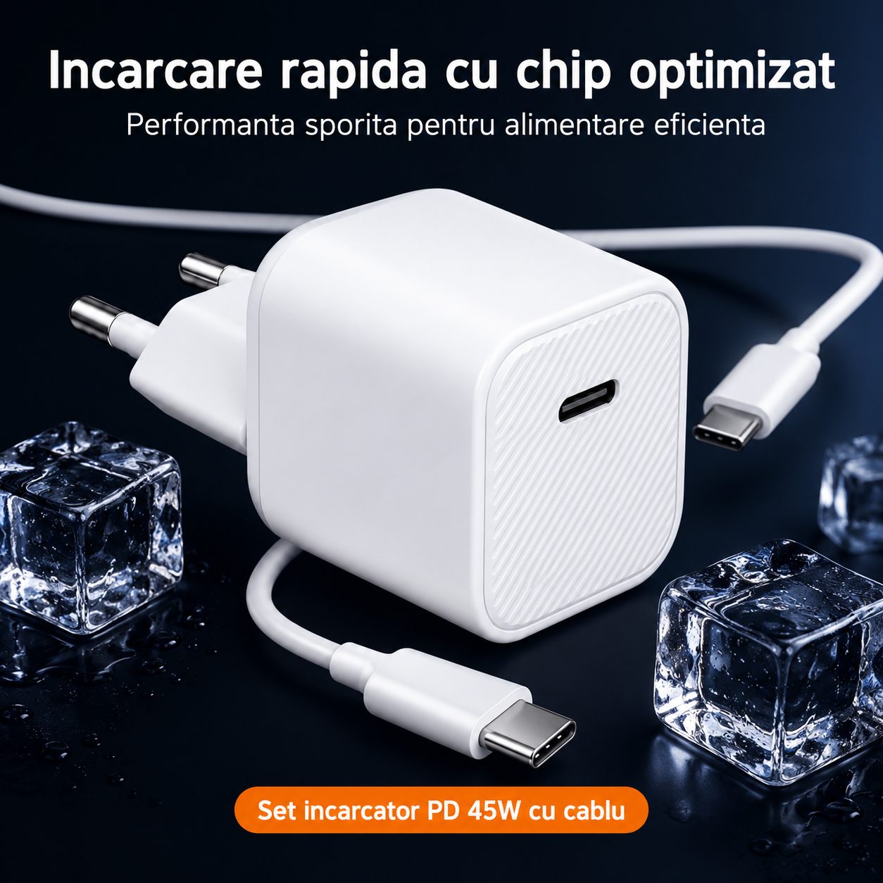 Incarcator USB-C 45W, Flippy, Compatibil iPhone 17, Fast Charge, Format Patrat Compact, Standard European, Alb