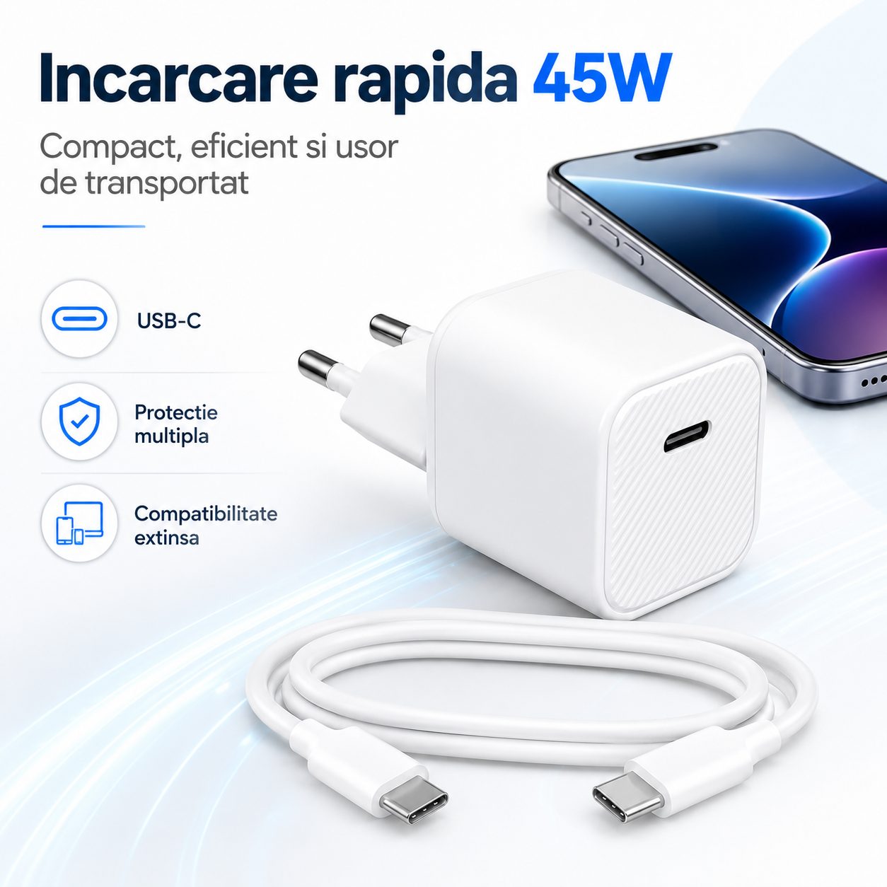 Incarcator USB-C 45W, Flippy, Compatibil iPhone 17, Fast Charge, Format Patrat Compact, Standard European, Alb