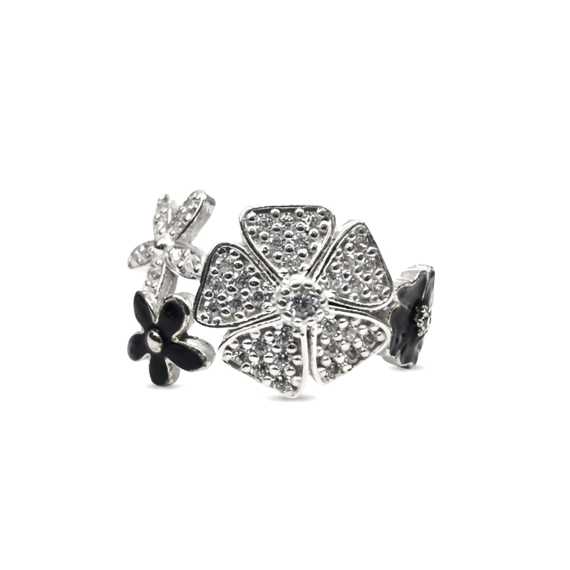 Inel pentru Dama Argint 925, Jolie, Model Trifoi cu Email Negru, 4.9 g, Marimea 57, Argintiu/Negru