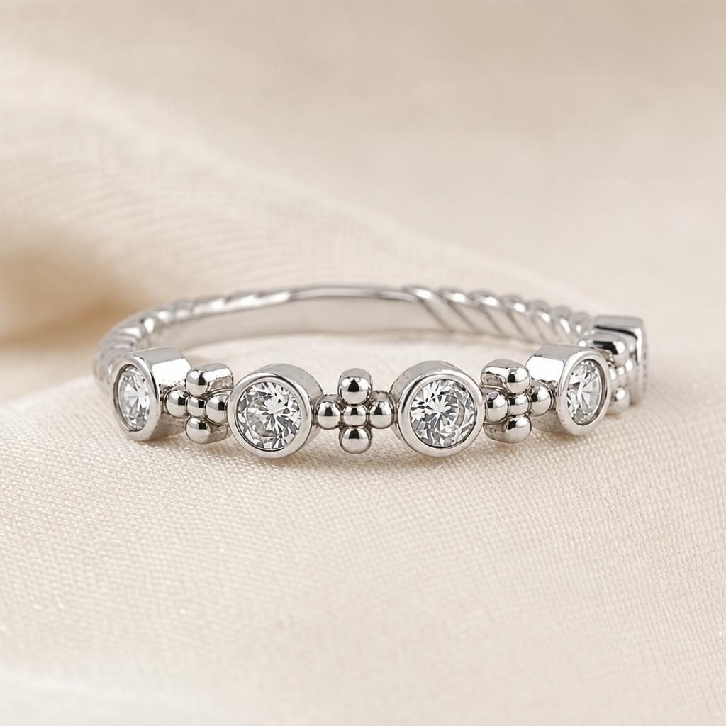 Inel din Argint 925, Jolie Silver, Model cu Pietre Rotunde, Design Decorativ cu Bilute, Marime 54, Greutate 1.8 g, Argintiu