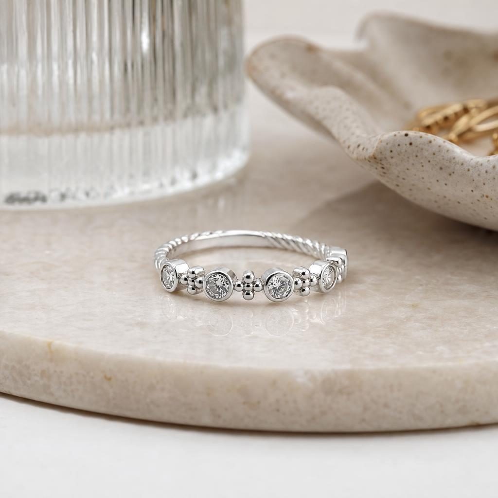 Inel din Argint 925, Jolie Silver, Model cu Pietre Rotunde, Design Decorativ cu Bilute, Marime 54, Greutate 1.8 g, Argintiu