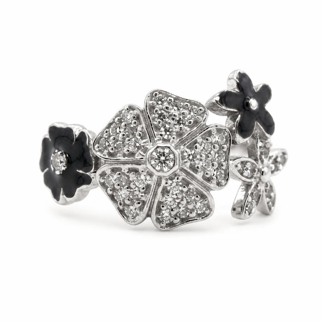 Inel pentru Dama Argint 925, Jolie, Model Trifoi cu Email Negru, 4.9 g, Marimea 57, Argintiu/Negru
