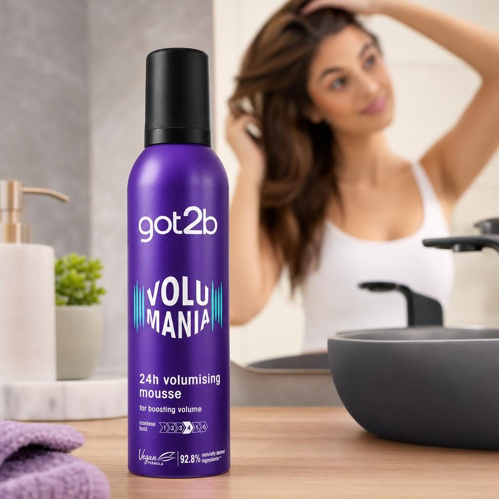 Spuma de Par pentru Volum, Schwarzkopf got2b Volumania, 24h Volumising Mousse, Formula Vegana, 92.8% Ingrediente Naturale, Nivel Fixare Iconless Hold, Par Uscat, Mov 2