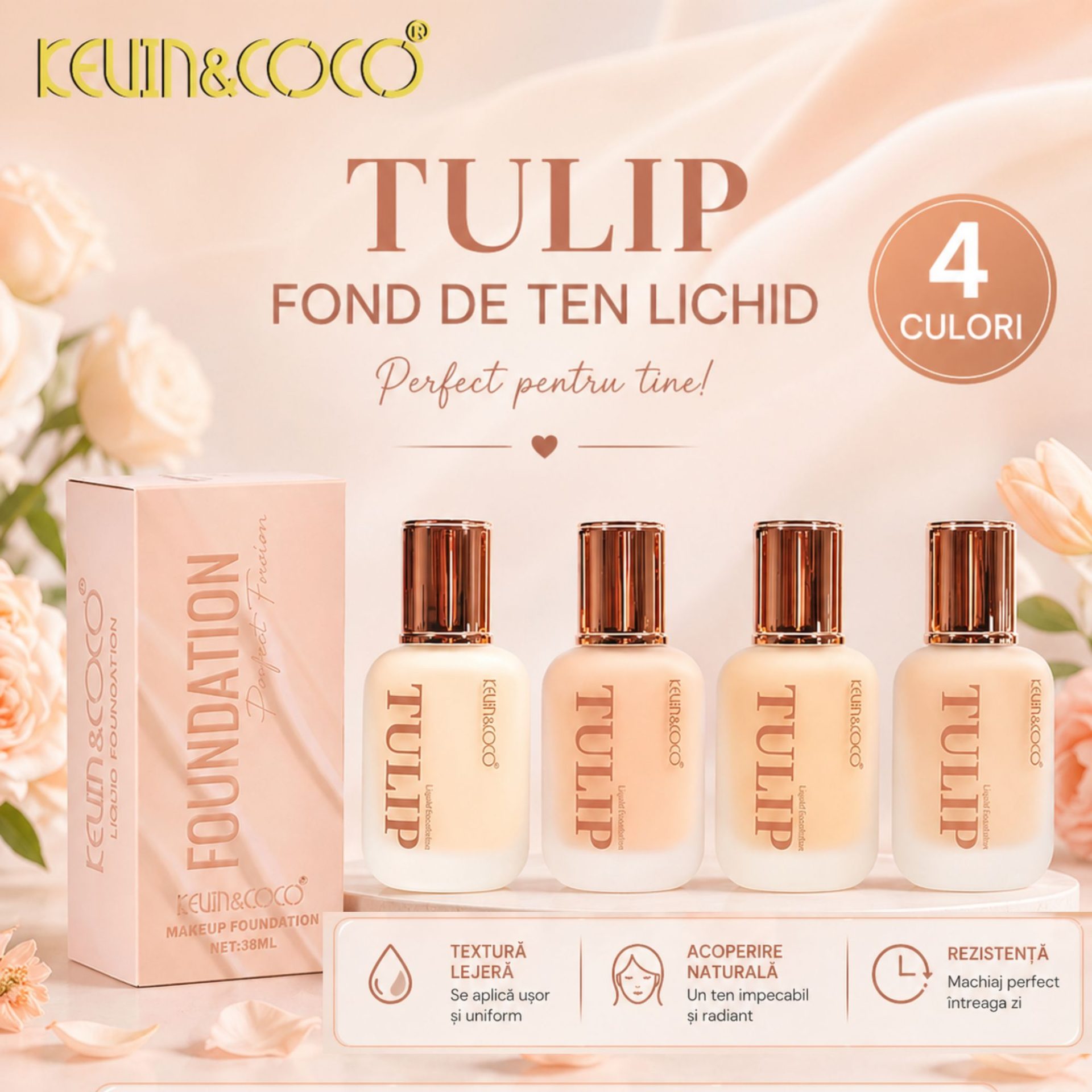 Fond de Ten, Kevin&Coco, Model Tulip, Textura Lichida, Acoperire Naturala, 38 ml, 5 x 3.7 x 10.7 cm, Nuanta 2, Natural Beige 5