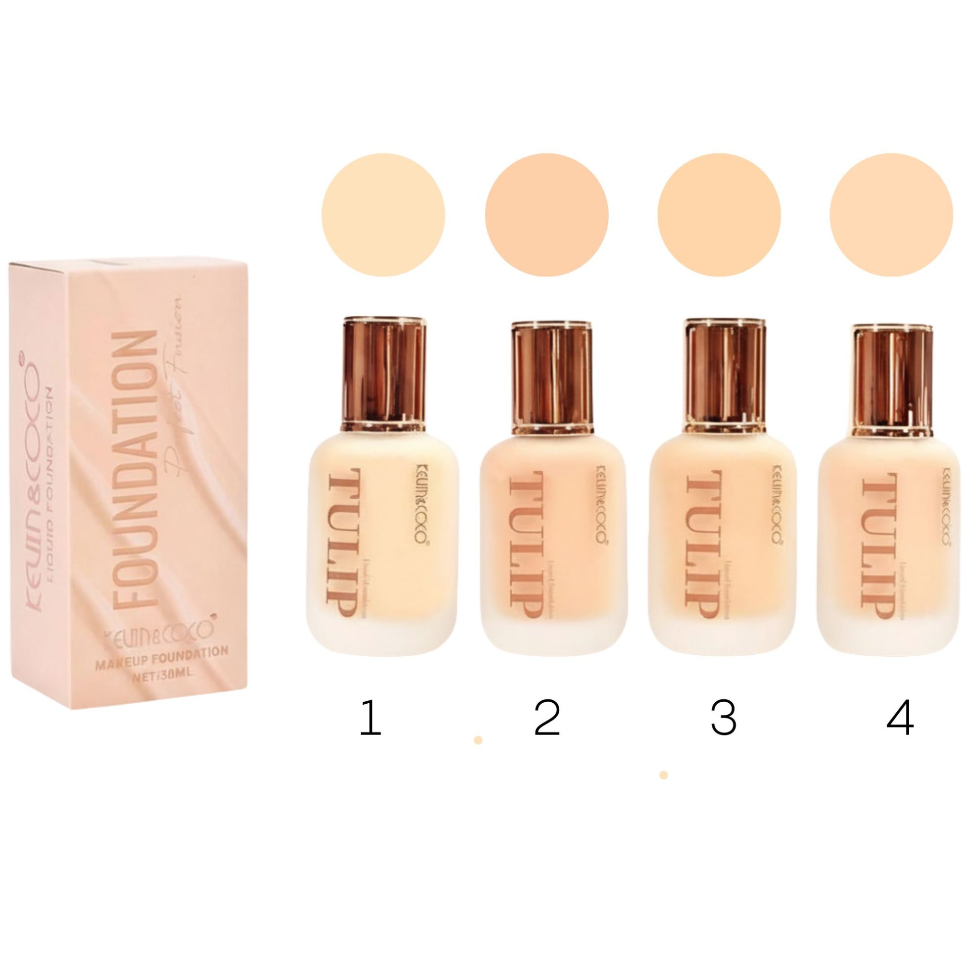 Fond de Ten, Kevin&Coco, Model Tulip, Textura Lichida, Acoperire Naturala, 38 ml, 5 x 3.7 x 10.7 cm, Nuanta 4, Golden Beige 3
