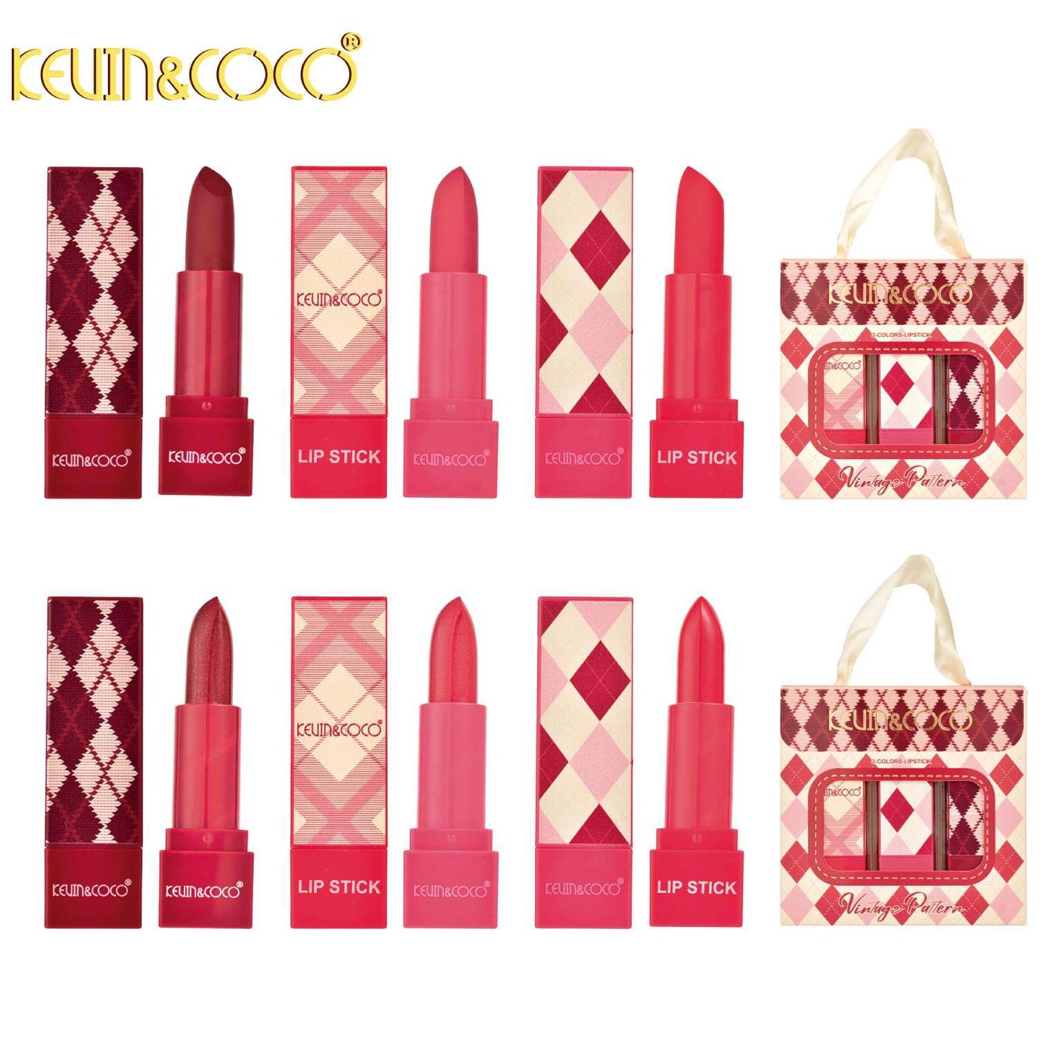 Set 3 Rujuri de Buze, Kevin&Coco, Vintage Design,Textura Cremoasa si Pigmentata,Formula Hidratanta si Rezistenta, Model Mat, Multicolor 3