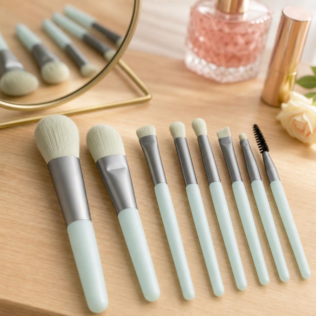 Mini set portabil 8 pensule de machiaj verzi, Flippy