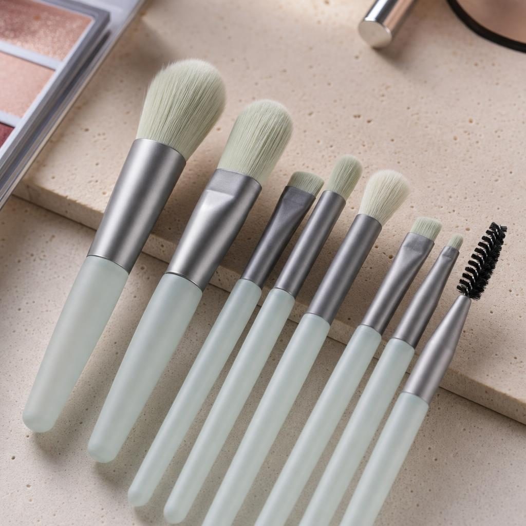 Mini set portabil 8 pensule de machiaj verzi, Flippy