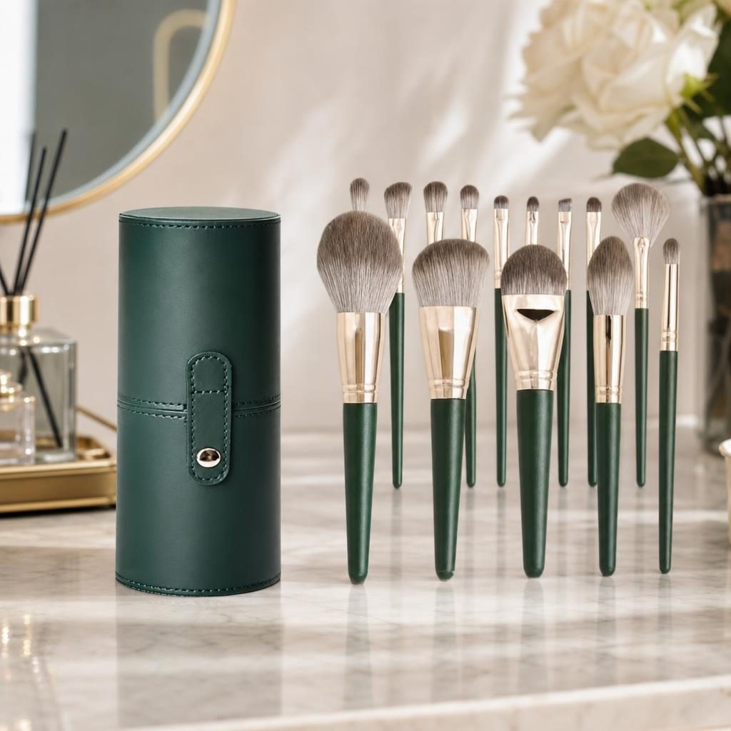 Set 14 Pensule de Machiaj cu Peri Moi, Flippy, cu Suport pentru Depozitare, Verzi