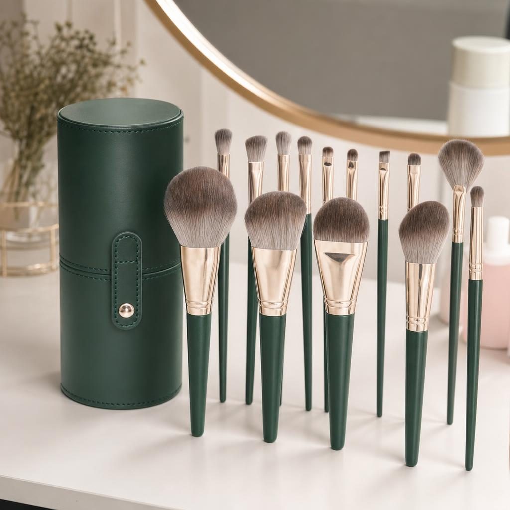 Set 14 Pensule de Machiaj cu Peri Moi, Flippy, cu Suport pentru Depozitare, Verzi