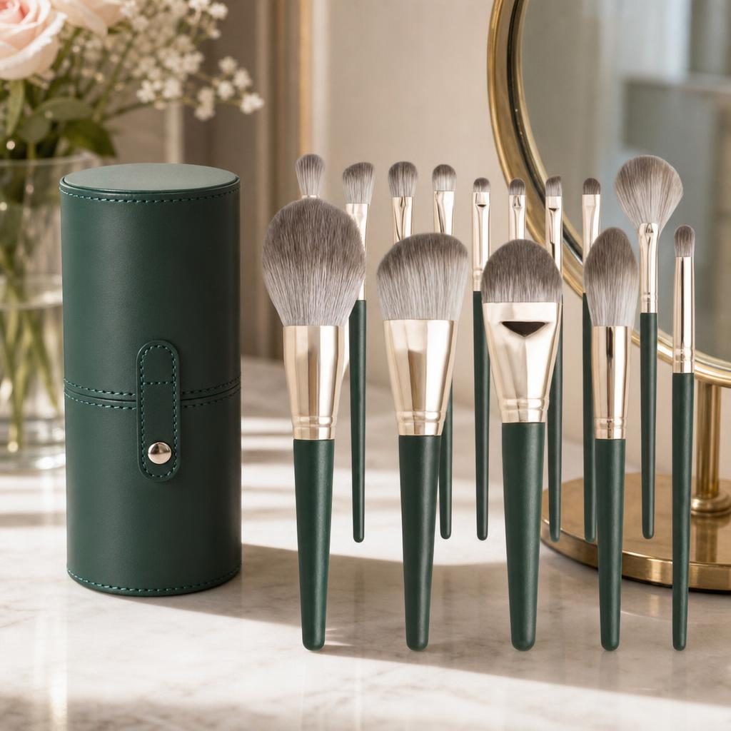 Set 14 Pensule de Machiaj cu Peri Moi, Flippy, cu Suport pentru Depozitare, Verzi