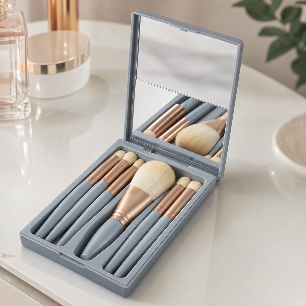 Set 5 Pensule de Machiaj cu Peri Moi, Flippy, cu Suport pentru Depozitare si Oglinda, Albastru