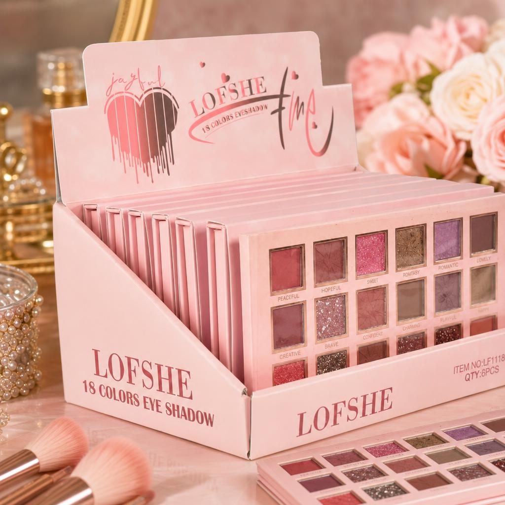 Display cu 6 Palete Farduri de Ochi, Lofshe, 18 Culori, Nuanțe Mate și Sidefate, Pentru Machiaje Naturale și Accentuate, Ideal pentru Utilizare Zilnică și Ocazii Speciale, Nuante Mate si Glitter Sidefate Roz Pal 2