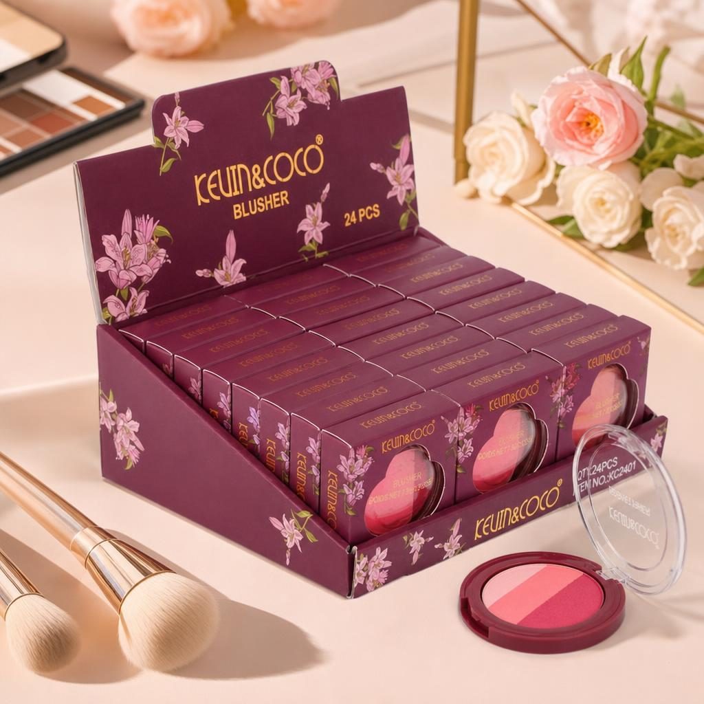 Display cu 24 Farduri de Obraz, Kevin&Coco, 3 Nuanțe în Același Produs, Aplicare Uniformă și Aspect Natural al Tenului, Ideal pentru Machiajul Zilnic, Burgundy 2