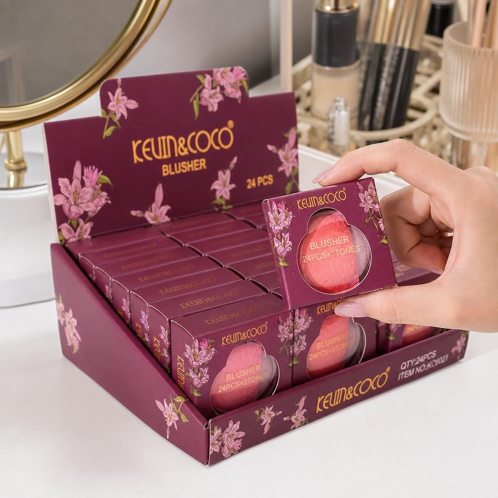 Display cu 24 Farduri de Obraz, Kevin&Coco, 3 Nuanțe în Același Produs, Aplicare Uniformă și Aspect Natural al Tenului, Ideal pentru Machiajul Zilnic, Burgundy 4
