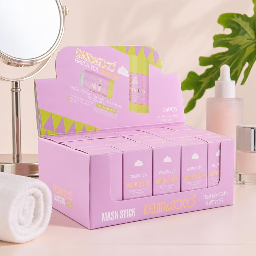 Set 24 Bucati Masca Stick pentru Fata KEVIN & COCO Green Tea, Extract de Ceai Verde, Controlul Sebumului, Curatare Profunda a Porilor, Format Stick pentru Aplicare Usoara, Ambalaj Display Roz 2