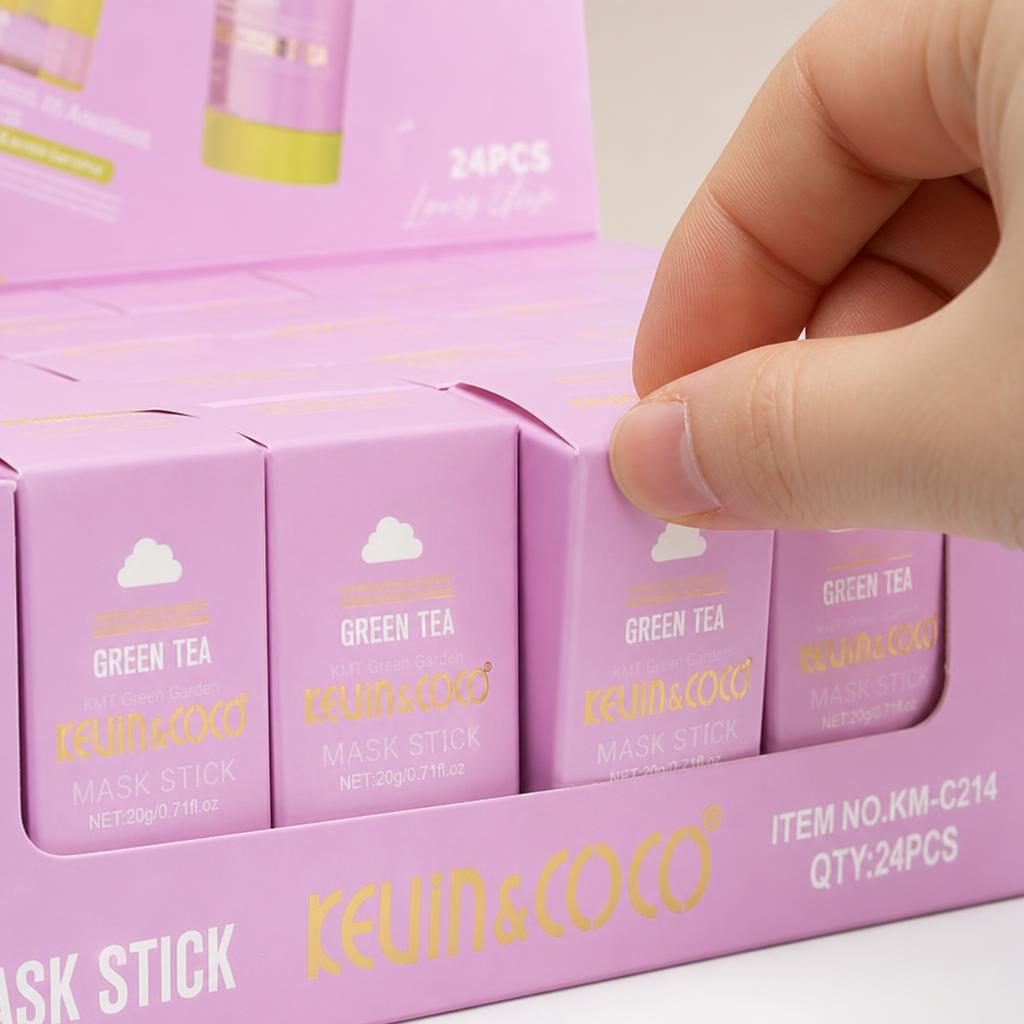Set 24 Bucati Masca Stick pentru Fata KEVIN & COCO Green Tea, Extract de Ceai Verde, Controlul Sebumului, Curatare Profunda a Porilor, Format Stick pentru Aplicare Usoara, Ambalaj Display Roz 3