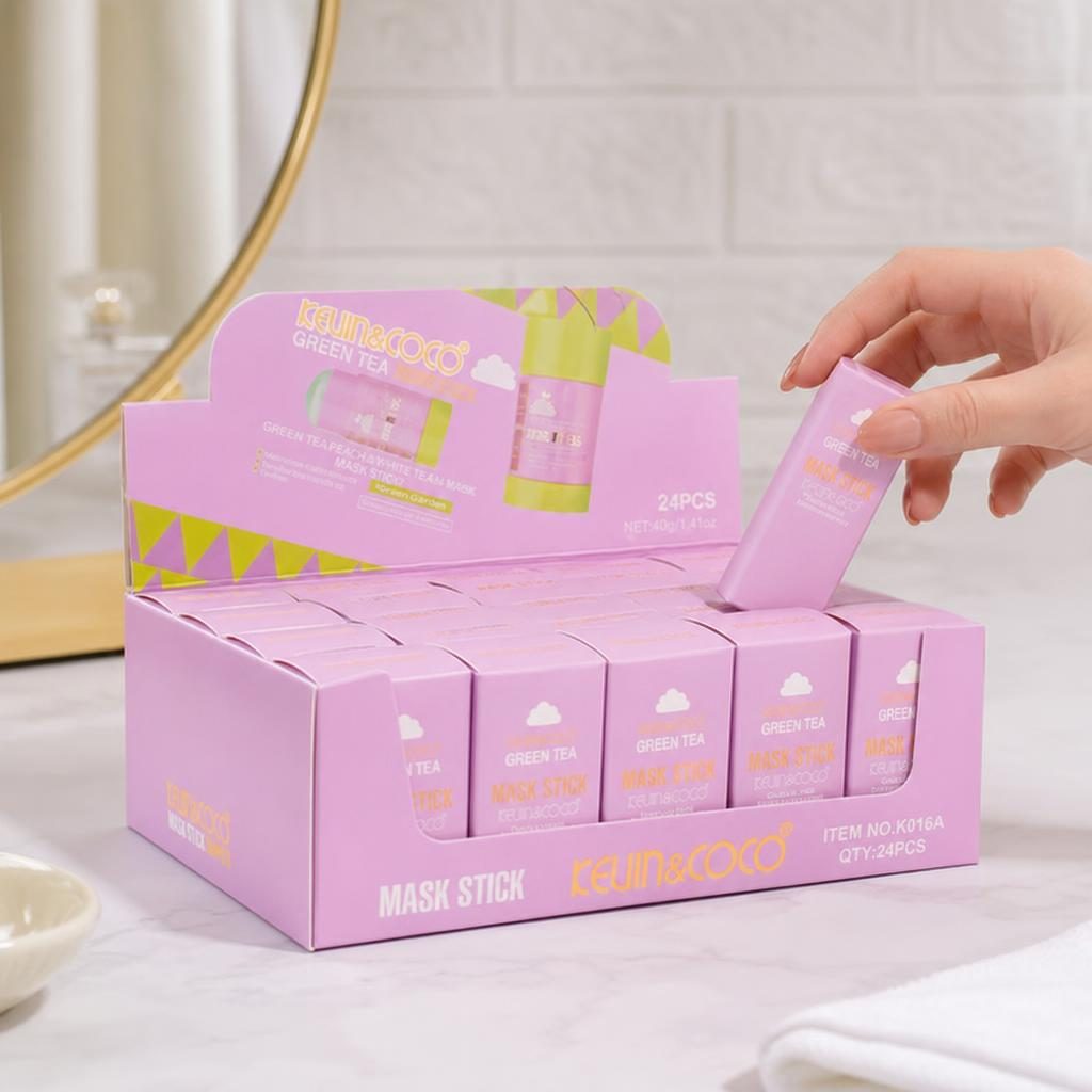Set 24 Bucati Masca Stick pentru Fata KEVIN & COCO Green Tea, Extract de Ceai Verde, Controlul Sebumului, Curatare Profunda a Porilor, Format Stick pentru Aplicare Usoara, Ambalaj Display Roz 4