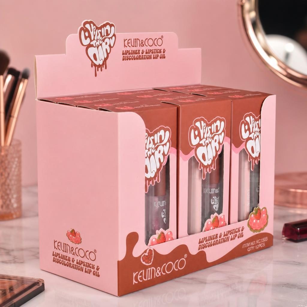 Display cu 12 Seturi 3 in 1 Creion Contur Buze si Ruj, Kevin&Coco Lipliner & Lipstick & Lip Oil, Definire si Evidentiere a Buzelelor, Aplicare Precisa, Ideal pentru Machiajul Zilnic, Roz 2