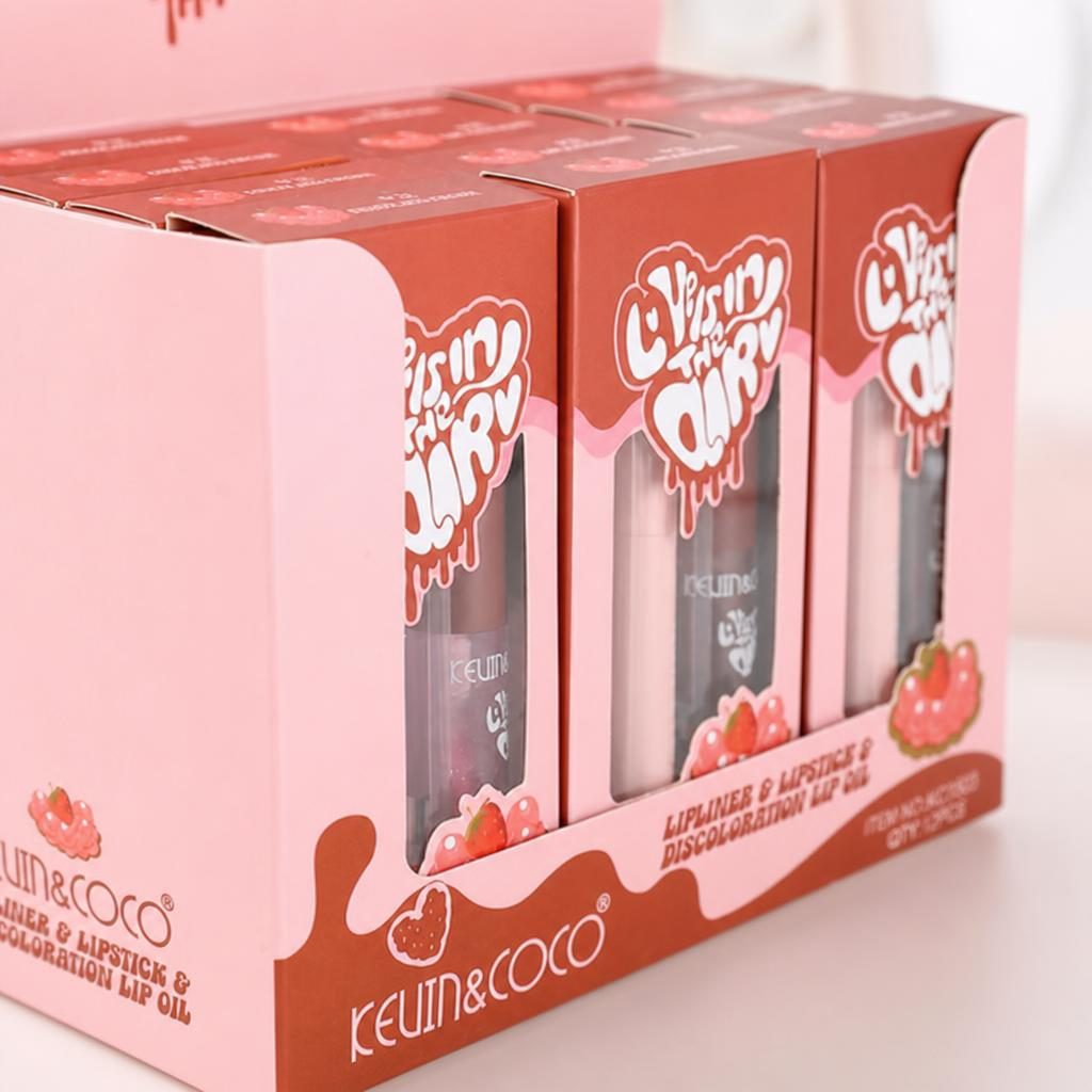 Display cu 12 Seturi 3 in 1 Creion Contur Buze si Ruj, Kevin&Coco Lipliner & Lipstick & Lip Oil, Definire si Evidentiere a Buzelelor, Aplicare Precisa, Ideal pentru Machiajul Zilnic, Roz 3