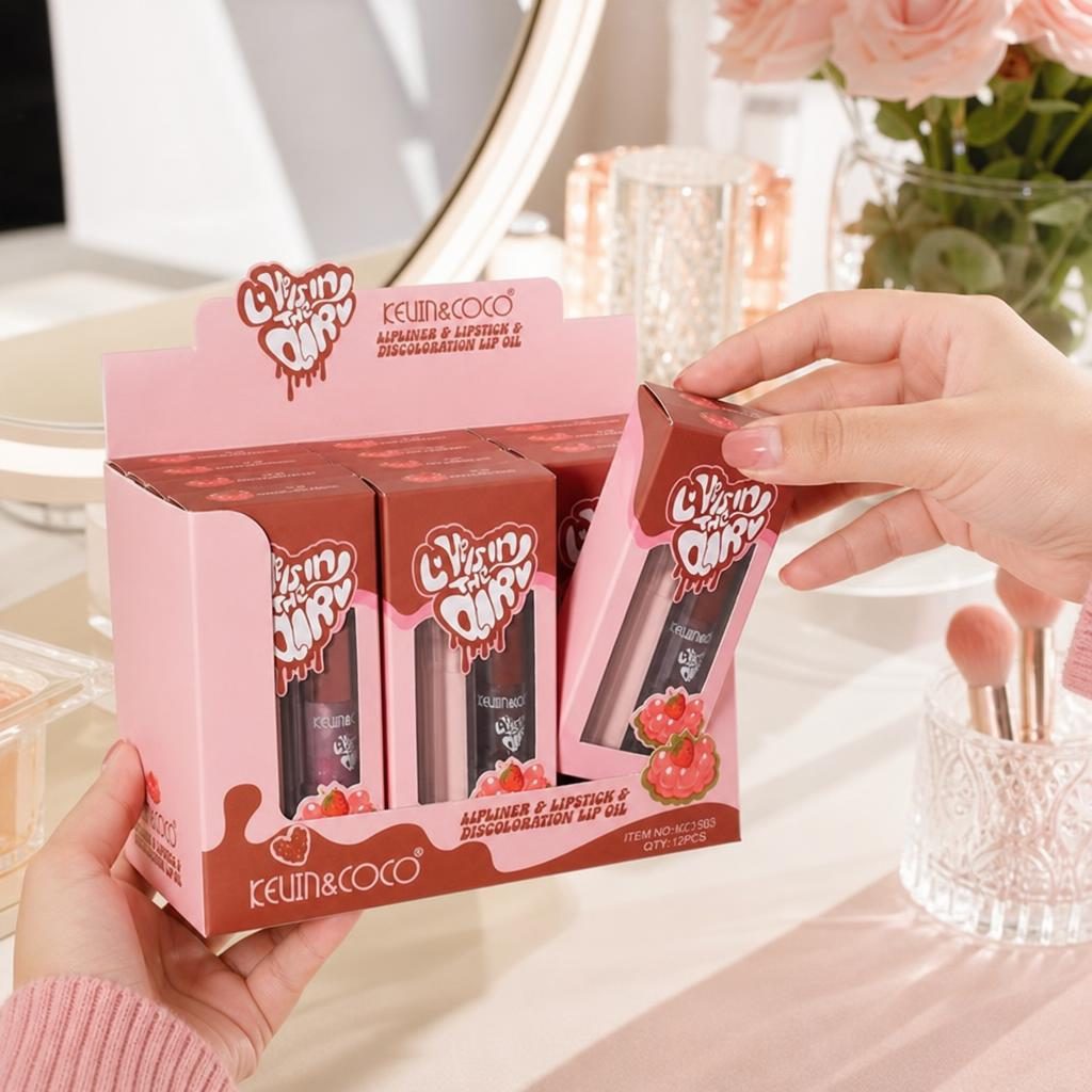 Display cu 12 Seturi 3 in 1 Creion Contur Buze si Ruj, Kevin&Coco Lipliner & Lipstick & Lip Oil, Definire si Evidentiere a Buzelelor, Aplicare Precisa, Ideal pentru Machiajul Zilnic, Roz 4