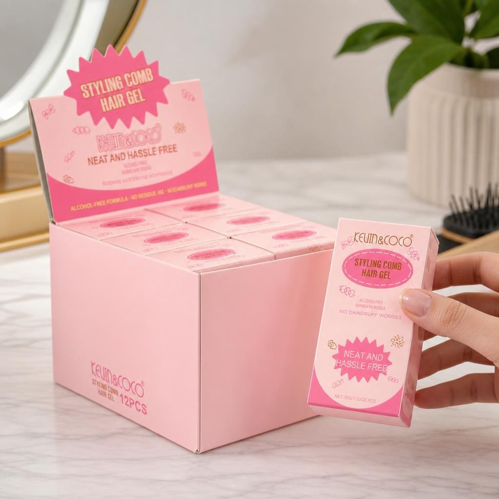 Set 12 tuburi Gel de Styling pentru Par cu Aplicator Tip Pieptene, Kevin&Coco, Fixare Puternică și de Lunga Durata, Aplicare Uniforma fara Reziduuri, Ideal pentru Aranjarea Firelor Rebele și Finisarea Coafurii, Roz 2
