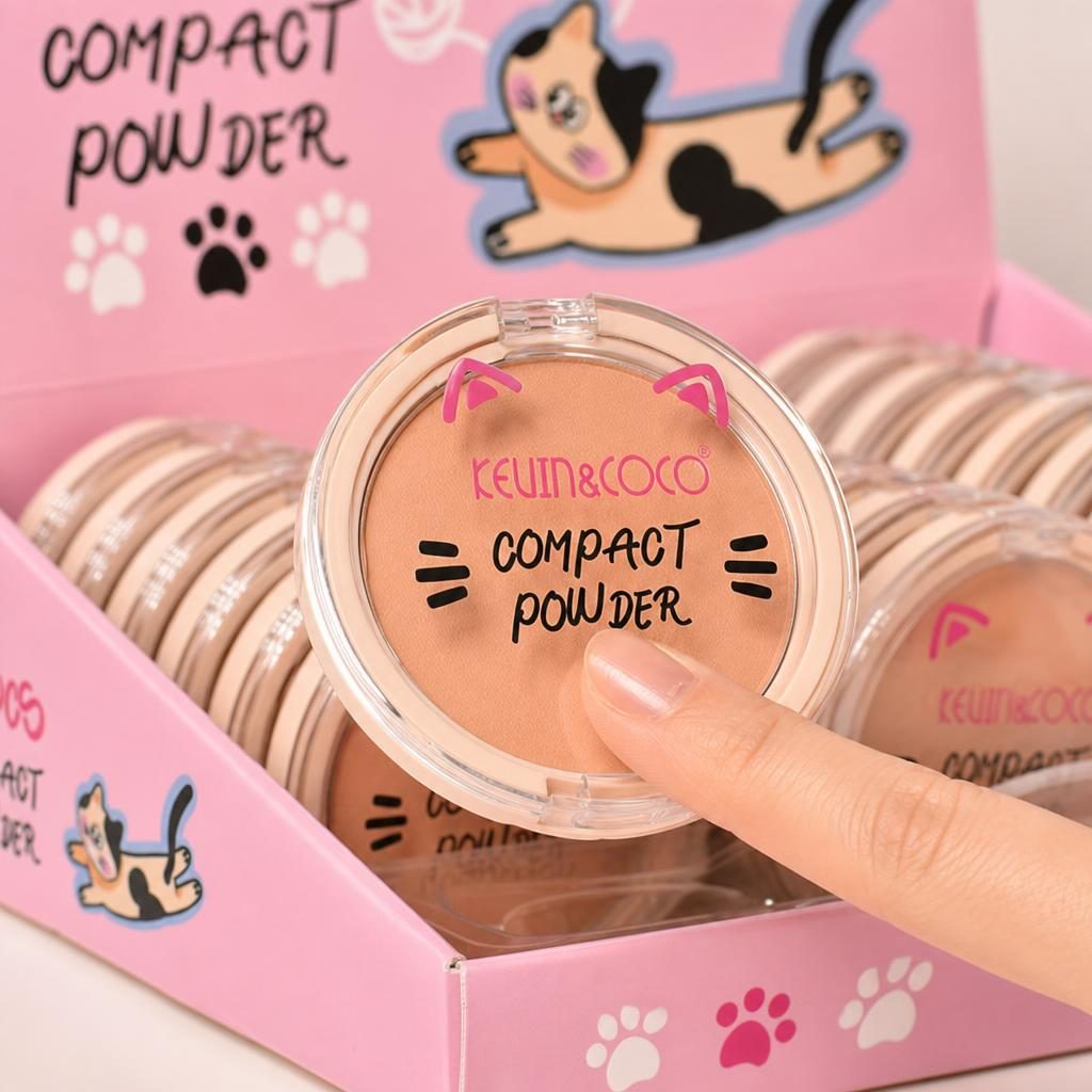 Set 24 Pudre Compacte Kevin&Coco, Pudra pentru Fixarea Machiajului, Aspect Natural și Uniform, Textură Fina si Aplicare Confortabila, Design Compact cu Pisica, Roz 3