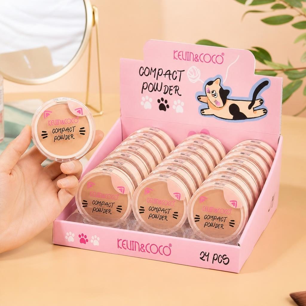 Set 24 Pudre Compacte Kevin&Coco, Pudra pentru Fixarea Machiajului, Aspect Natural și Uniform, Textură Fina si Aplicare Confortabila, Design Compact cu Pisica, Roz 4