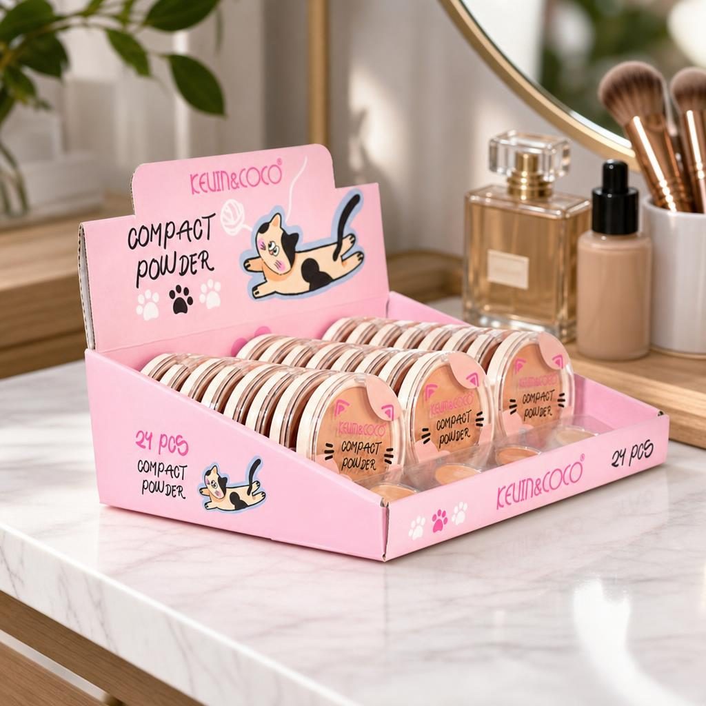 Set 24 Pudre Compacte Kevin&Coco, Pudra pentru Fixarea Machiajului, Aspect Natural și Uniform, Textură Fina si Aplicare Confortabila, Design Compact cu Pisica, Roz 5