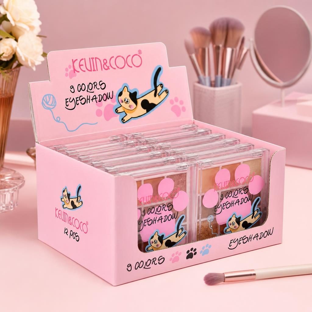 Set 12 Palete Farduri de Pleoape Kevin&Coco, 9 Nuante, Finisaj Mat si Sidefat, pentru Look-uri de Zi și Seară, Design Compact cu Pisica, Roz 2