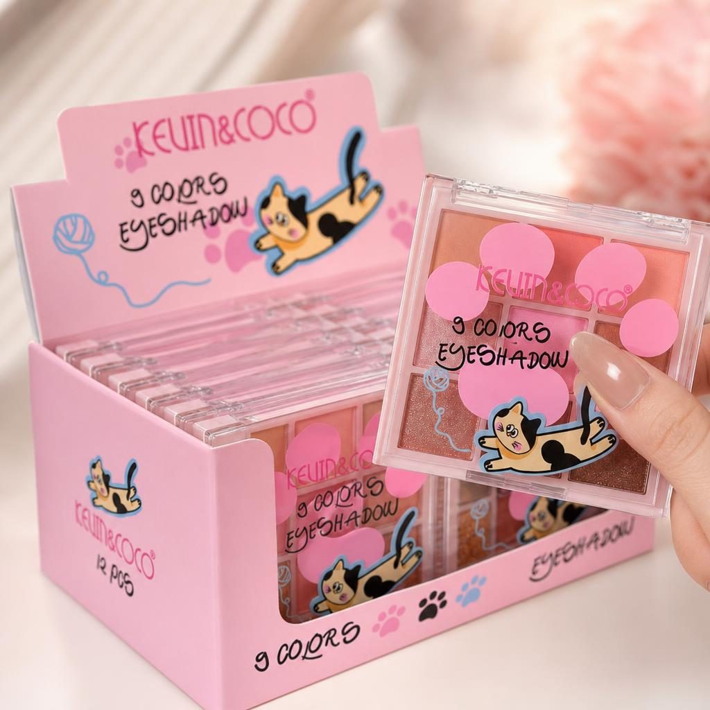 Set 12 Palete Farduri de Pleoape Kevin&Coco, 9 Nuante, Finisaj Mat si Sidefat, pentru Look-uri de Zi și Seară, Design Compact cu Pisica, Roz 3
