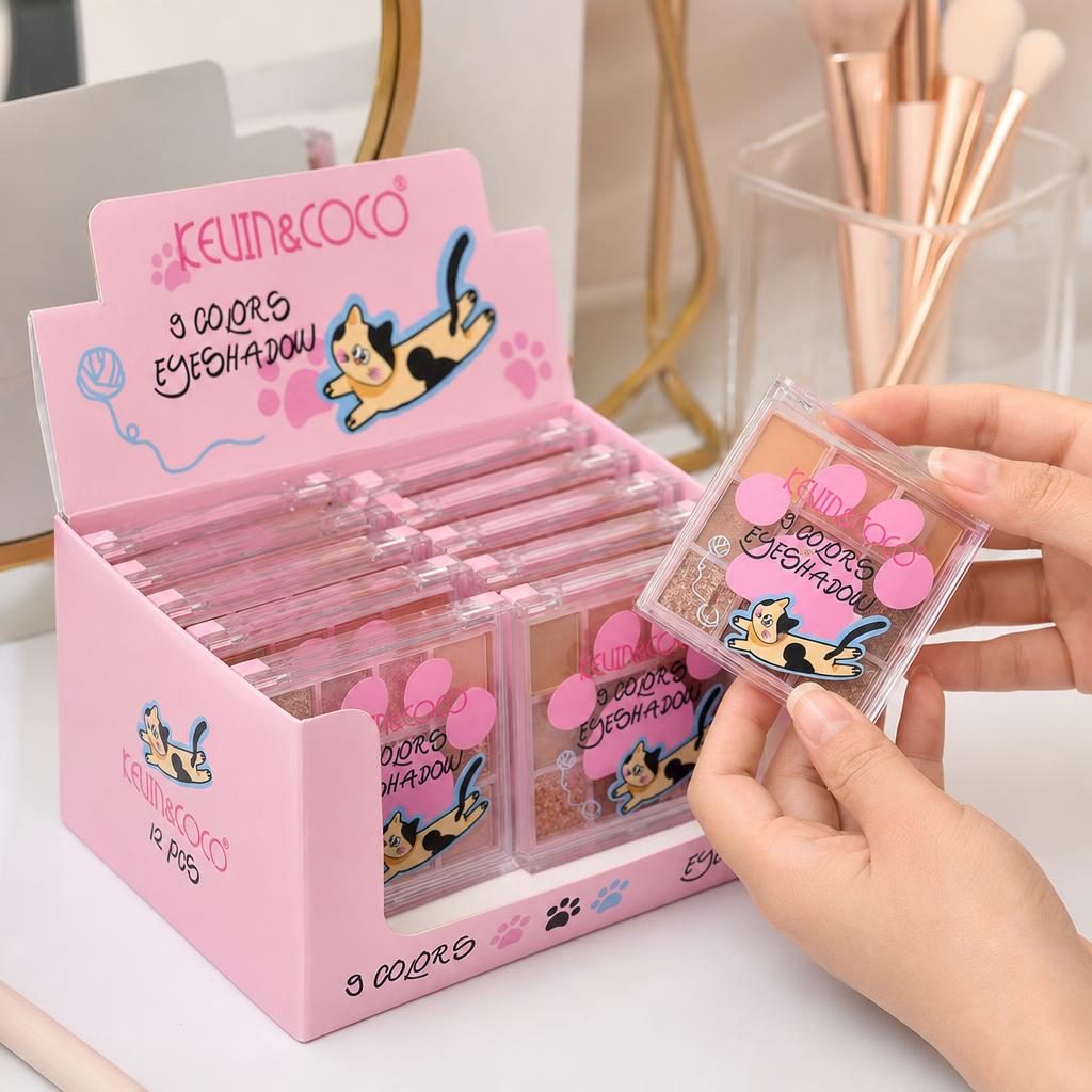 Set 12 Palete Farduri de Pleoape Kevin&Coco, 9 Nuante, Finisaj Mat si Sidefat, pentru Look-uri de Zi și Seară, Design Compact cu Pisica, Roz 4