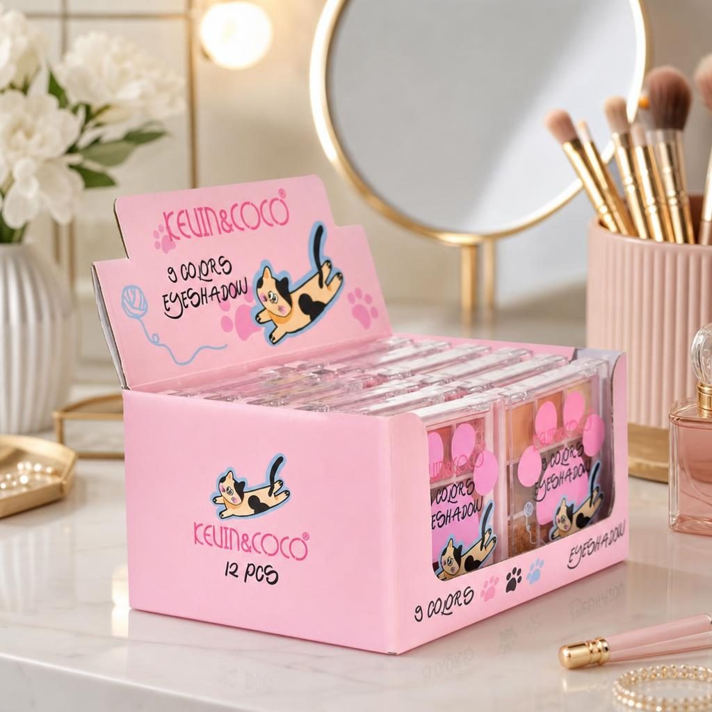 Set 12 Palete Farduri de Pleoape Kevin&Coco, 9 Nuante, Finisaj Mat si Sidefat, pentru Look-uri de Zi și Seară, Design Compact cu Pisica, Roz 5