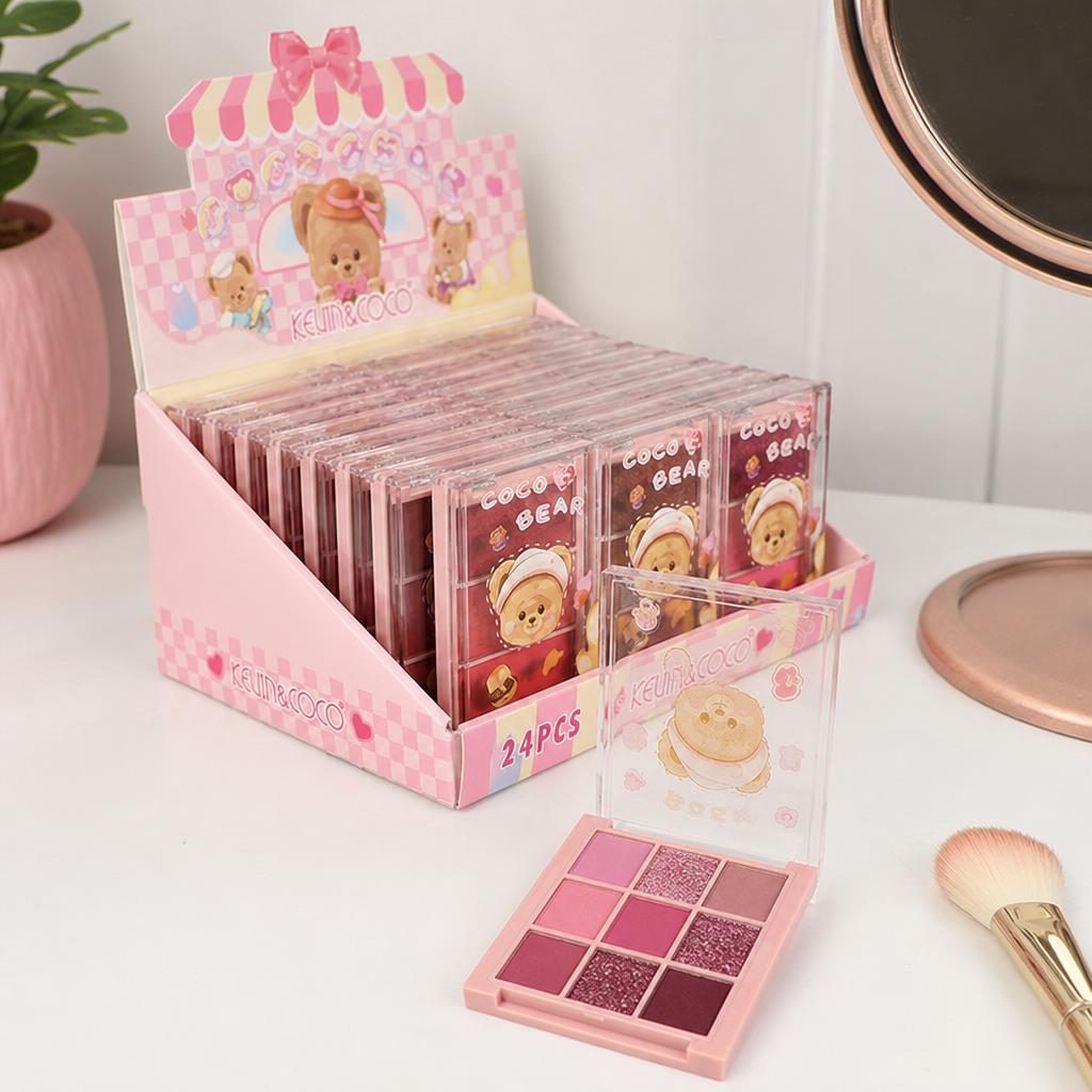 Set 3 Palete Farduri pentru Ochi Kevin&Coco Coco Bear, 9 Nuanțe, Display 24 Bucăți, Nuante Mate si Sidefate, Roz 2