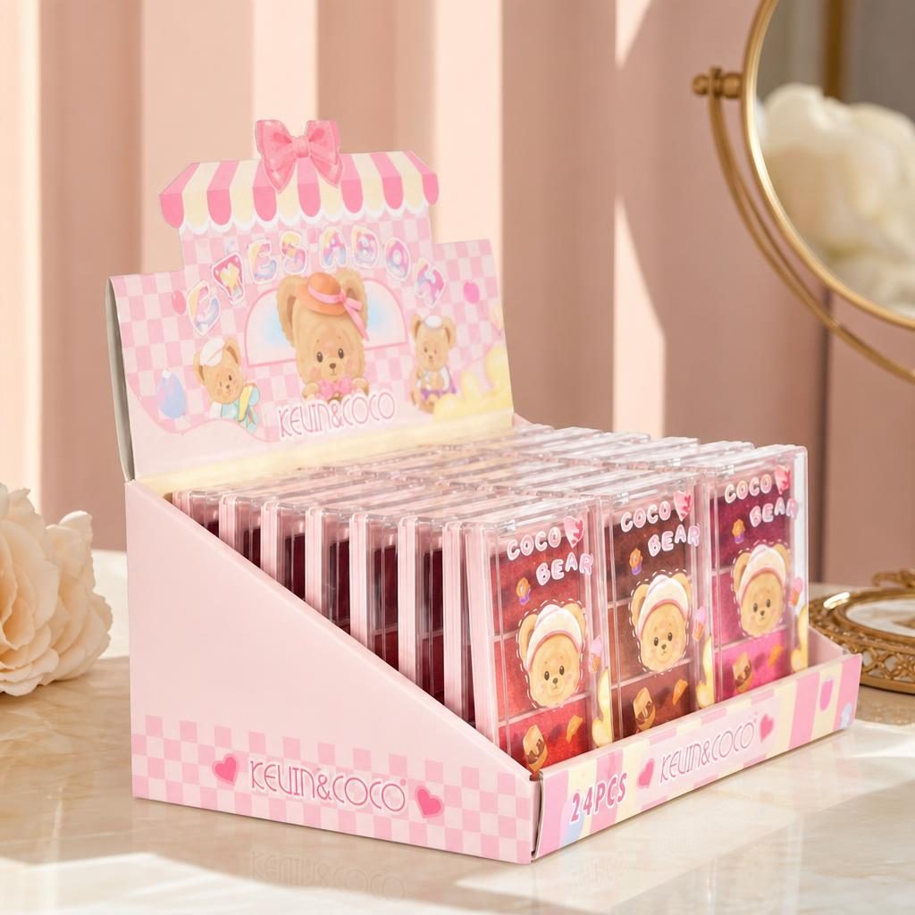 Set 3 Palete Farduri pentru Ochi Kevin&Coco Coco Bear, 9 Nuanțe, Display 24 Bucăți, Nuante Mate si Sidefate, Roz 5