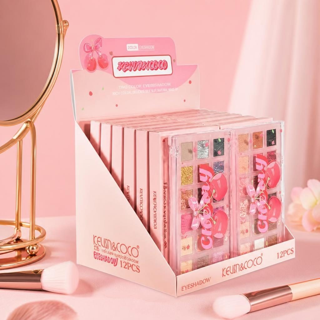 Set 12 Bucati Paleta Farduri, Kevin&Coco, Colectie Cherry si Strawberry, Nuante Mate si Sclipitoare pentru Machiaj Colorat, 2Modele, Ambalaj Display Roz 2