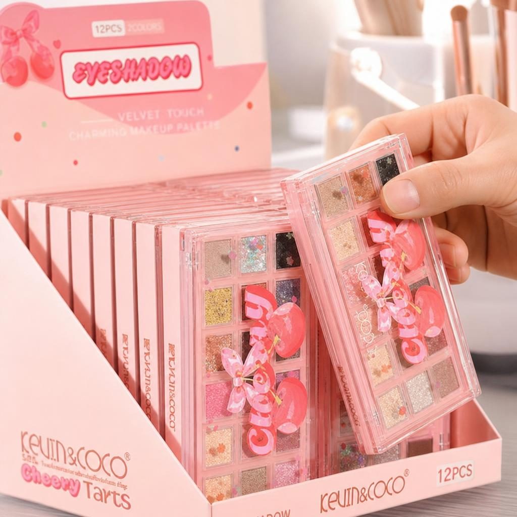 Set 12 Bucati Paleta Farduri, Kevin&Coco, Colectie Cherry si Strawberry, Nuante Mate si Sclipitoare pentru Machiaj Colorat, 2Modele, Ambalaj Display Roz 3
