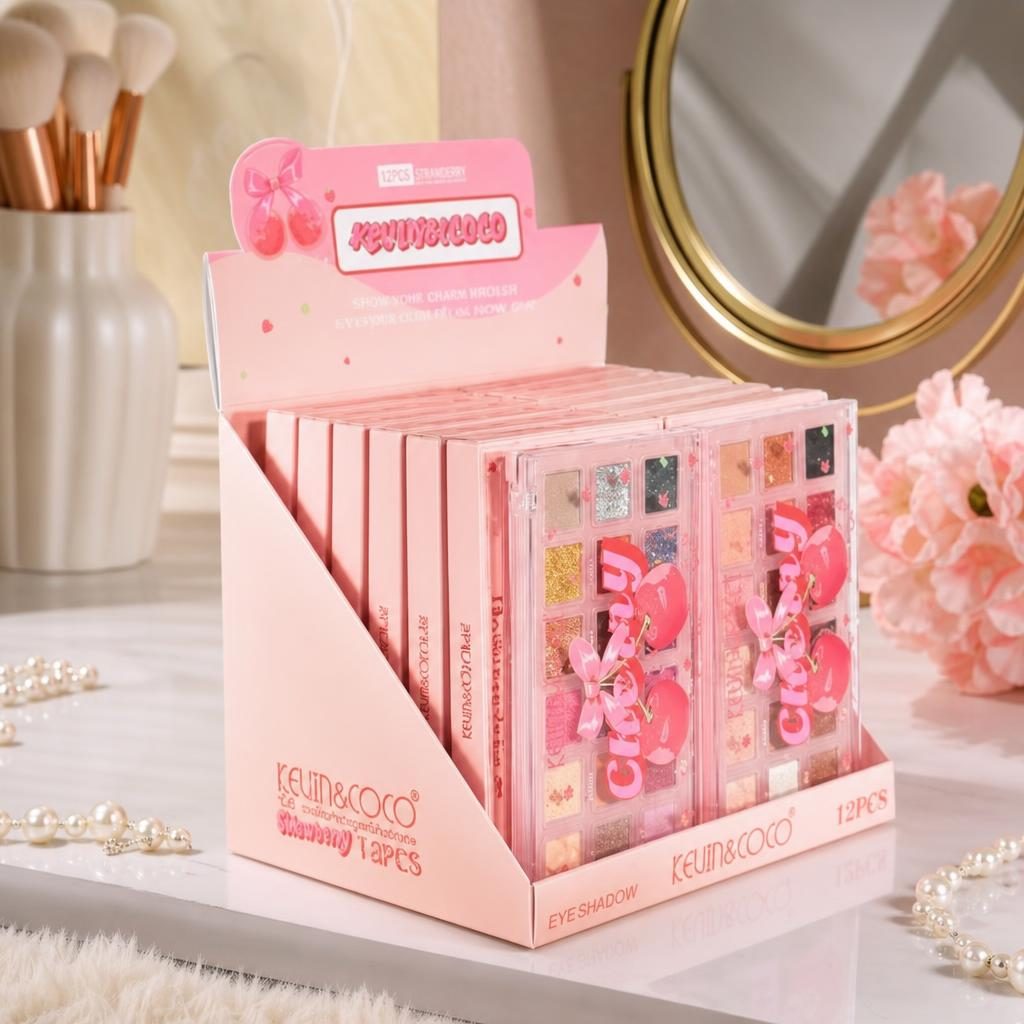 Set 12 Bucati Paleta Farduri, Kevin&Coco, Colectie Cherry si Strawberry, Nuante Mate si Sclipitoare pentru Machiaj Colorat, 2Modele, Ambalaj Display Roz 4