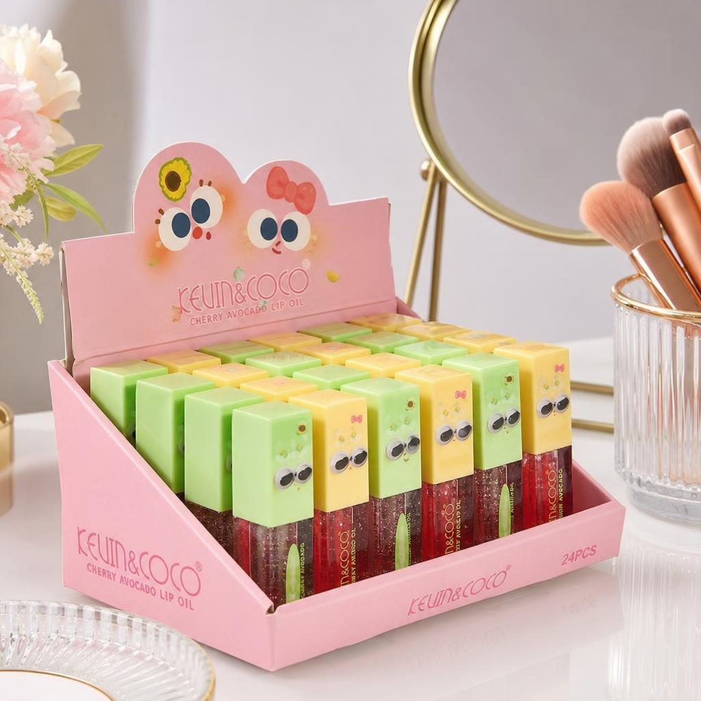 Set 24 Uleiuri de Buze Kevin&Coco, Lip Oil Hidratant, Aplicator Tip Gloss, Aspect Lucios și Confortabil, Îngrijire și Hidratare pentru Buze, Design Colorat cu Personaje, Roz 2