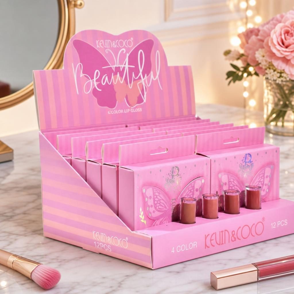 Display cu 12 Seturi Luciu de Buze, Kevin&Coco Beautiful Lip Gloss, 4 Nuante in Fiecare Set, Finisaj Lucios si Aspect Ingrijit al Buzelelor, Ideal pentru Utilizare Zilnica și Revanzare, Roz 2