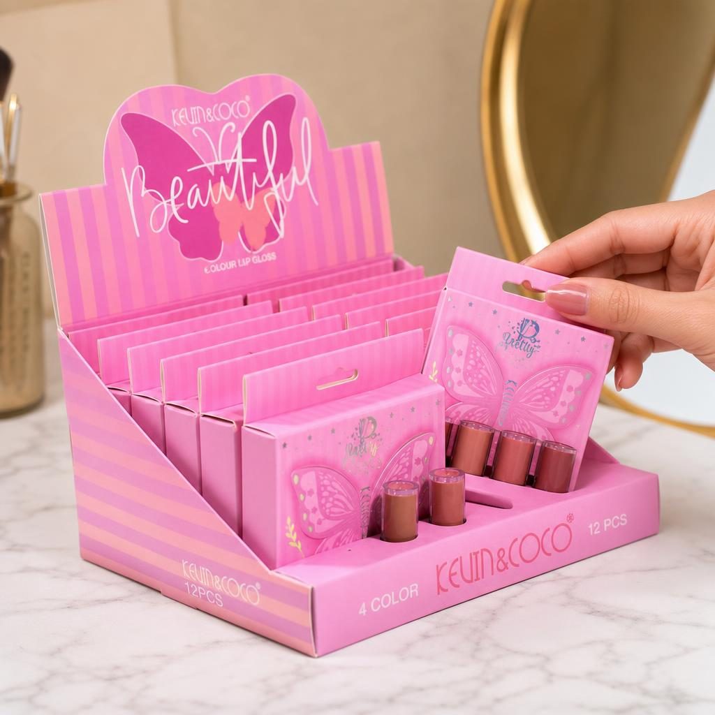 Display cu 12 Seturi Luciu de Buze, Kevin&Coco Beautiful Lip Gloss, 4 Nuante in Fiecare Set, Finisaj Lucios si Aspect Ingrijit al Buzelelor, Ideal pentru Utilizare Zilnica și Revanzare, Roz 4